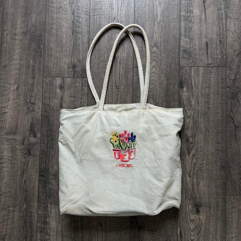 Vintage Cherokee Flower Floral Canvas Cotton Tote Book Bag